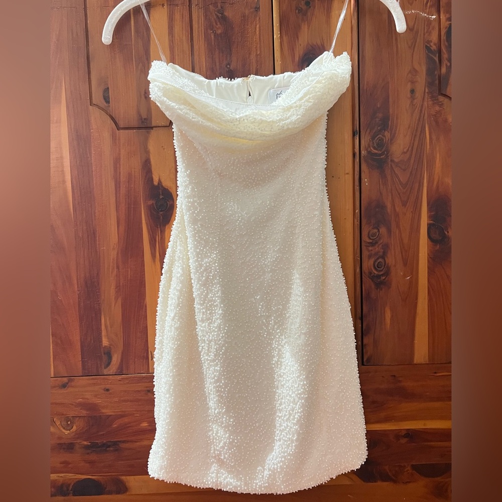 Embellished Strapless Cowl Neck Mini Dress in Ivory- OH POLLY DRESS